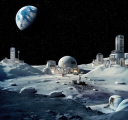 Wall Mural - lunar base with futuristic buildings and the earth in the starry sky