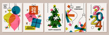 Set Of Creative Colorful Cards, Flyers, Posters For 2024 New Year. Numbers Design. Christmas Greetings. Modern Minimal Flat Style. Festive Prints Design.