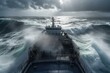 Large vessel battling through turbulent seas amid heavy rain and lightning. Generative AI