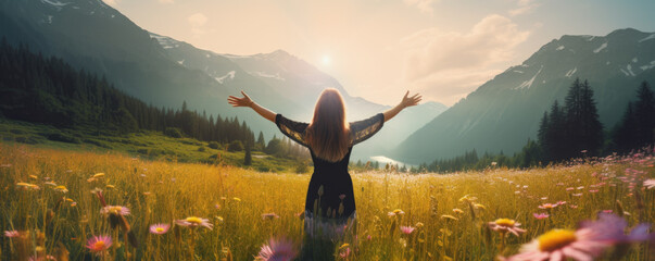 Wall Mural -  Happy carefree woman standing in the wildflower meadow with opened arms, back view

