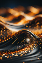 Poster - Abstract background with wavy flowing golden glittering lines and black waves. Illuminated Light Painting. Computer Generated Majestic poster
