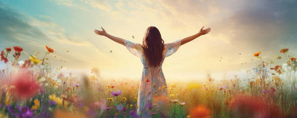 Wall Mural -  Happy carefree woman standing in the wildflower meadow with opened arms, back view

