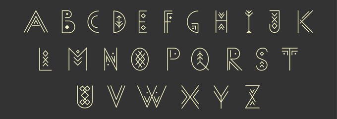 Linear geometric uppercase font decorated with thin lines.Vector display lowercase alphabet decorated with geometric folk style 