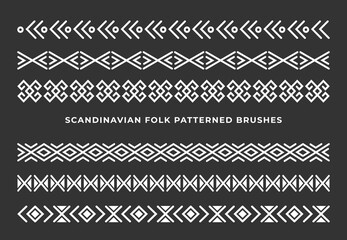 Collection of patterned brushes, decorated with scandinavian ethnic folk ornaments, seamless on both sides