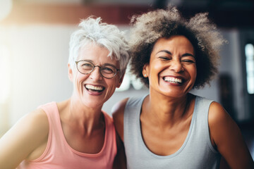 Wall Mural - Senior women talking and smiling after exercise in the gym