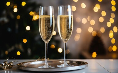 Glasses with champagne on the background of Christmas decorations.