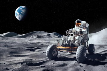 Wall Mural - astronaut driving a space rover on the moon's surface, illustrating space exploration and science fi