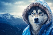 Husky as a hiker dressed in winter jacket, mountains on background. Portrait in snowy day. Travel and adventure concept.