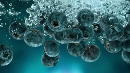 Poster - Super slow motion of falling fresh blueberries into water on blue gradient background. Filmed on high speed cinema camera, 1000 fps.