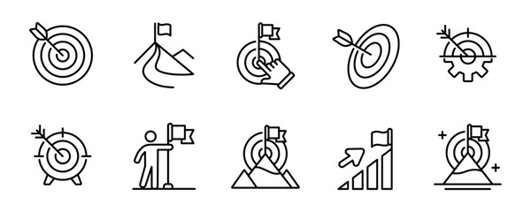 Fototapete - target mission icon set with goal arrow aim and mountain peak vector line illustration. Business challenge objective success performance symbol collection for web and app
