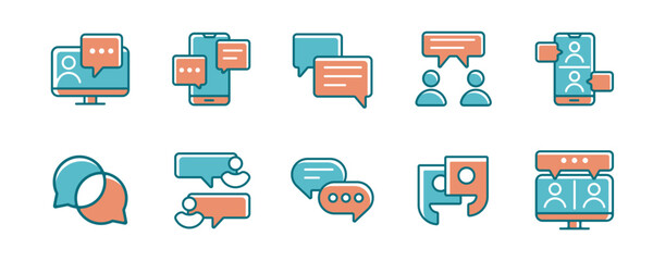 Poster - collection of speech bubble online discussion message communication icon set speak, comment, opinion, talk, and quote balloon vector outline illustration 