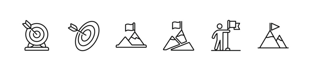 Leinwandbilder - target goal mission business objective success icon set aim challenge summit marketing strategy vector illustration dart arrow and flag on top of mountain achievement symbol outline design