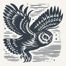 Owl Flying. Vintage Woodcut Engraving Style Hand Drawn Vector Illustration.