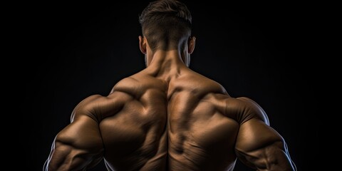 Wall Mural - Muscular man on black background. Strength and fitness at gym. Building perfect physique. Male bodybuilder. Power and stamina. Training for men