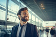 business man in an airport smiling forward in the air, in the style of light teal and light gray, long distance and deep distance, Generative Ai.