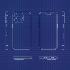 Poster - Blueprint Mobile Phone Outline Vector Template Mockup on Blue Background for Designing the Mobile App UI Grid System similar to iPhone Smartphone