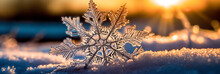 Macro Shot Of A Snowflake With Details Against The Background Of Sun Rays. Banner