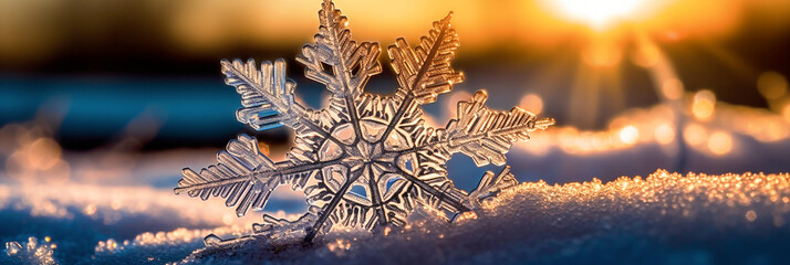 Macro shot of a snowflake with details against the background of sun rays. Banner