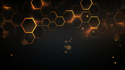 abstract digital technology geometric hexagonal pattern background with glowing yellow neon lights f