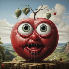 Poster - surrealism, Apple with a face, big eyes