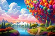 Landscape with colorful balloons Colorful air balloons flying over rainbow-colored air balloons
