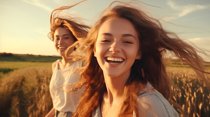 Two teenage girlfriends having a fun in the fields, happiness and friendship concept.