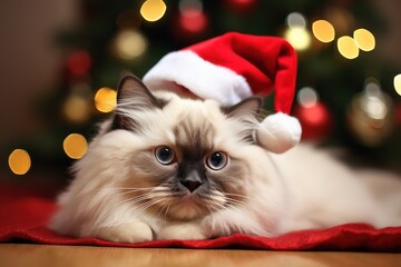 Wall Mural - Birman cat wearing santa hat with christmas tree bokeh background, Cute Xmas pet photos for cat parents, 2023 holiday greeting celebration illustration