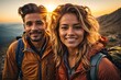 Couple of hiker taking selfie during trekking on the mountain during late spring sunset with sun flares in the background. Generative Ai.