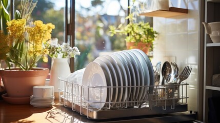 After washing clean dishes are dried on a drying rack on the kitchen counter