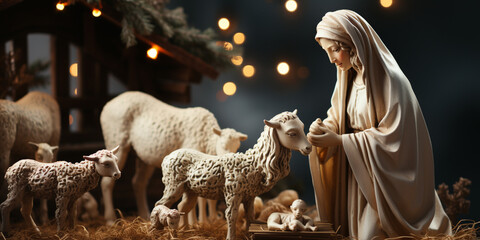 Christmas nativity scene, with the three kings, sheep and donkeys and jesusk, Ai generated