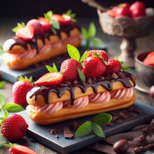 Chocolate Eclair With Strawberries Sweet Food Background For Post And Banners