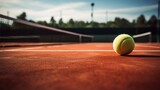 Tennis court, racket and ball staged professional photo
