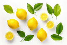 Lemons With Green Leaves On White Background