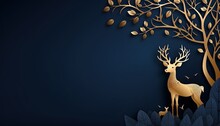 Dark Navy Blue Christmas Card With Golden Deer In Paper Cut Style,royal Design 