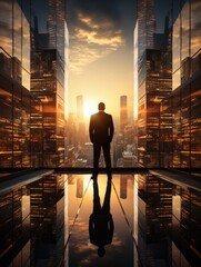 businessman in a modern glass building in front of a skyline  during sunset. 