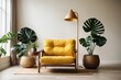 Wooden lounge chair with yellow cushions, potted monstera plant and floor lamp near white wall. Minimalist rustic home interior design of modern living room