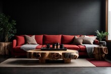 Wood Log Coffee Table Near Rustic Sofa With Red Cushion And Grey And Beige Pillows Against Black Stucco Wall. Japandi Home Interior Design Of Modern Living Room With Fireplace