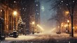 Winter night in the city: snowflakes fall gently, creating a thick fog and hazy ambiance. Soft streetlights illuminate the buildings, casting a serene and magical Christmas vibes and glow