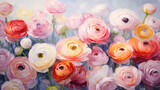 Impasto oil textured strokes overhead view, powder ranunculus flowers wrapped in quick, water droplets, rich details