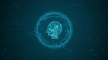 Poster - Motion graphic of Blue digital robot head logo and circle futuristic HUD elements with flowing arrows with Ai chatbot and machine learning technology and ai assistance concepts on abstract background