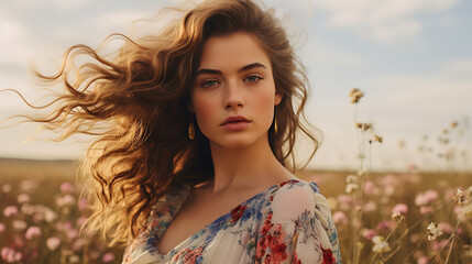 Wall Mural - portrait photoshoot of a young woman wearing a long dress in a field of flowers