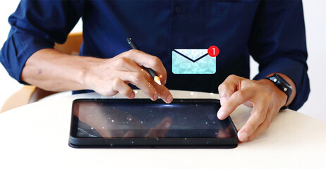 Aufkleber - Email communication and digital marketing concept. Hand of businessman using ipad for admit email that has notification alert.