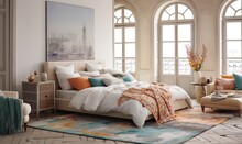 Photo of a cozy bedroom with a luxurious bed and an exquisite artwork hanging on the wall