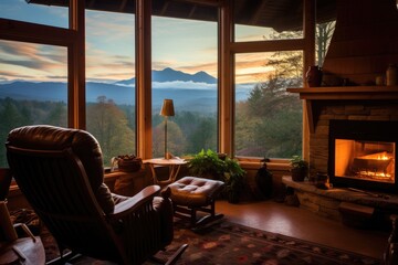 Wall Mural - Breathtaking views of the mountains during sunset from the cozy room of the house, bright colors of the sky and serene natural landscape.