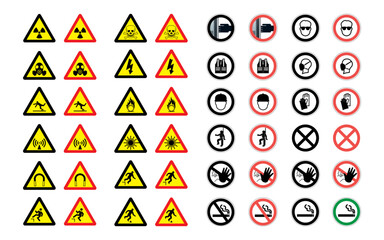 Set of safety equipment and mandatory signs. Construction health and work safety icons, hands away, safety helmet, gloves, ear and eye protection, mask, no access, no smoking, smoking zone. Vector.