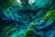 Swirling Textures Created By Amethyst And Cobalt Paints, Resembling An Alien Landscape Liquid Dark Blue And Green  Tendrils Of Paint Intertwining In A Mesmerizing Abstract Dance. 