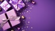 Violet Yuletide Delight: An Overhead Snapshot of Lavender Gift Parcels with Ribbon Ties, Floral Trinkets, and Purple Baubles on