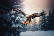 Eagle flying in a snowy forest with christmas present holding in claws. Abstract winter scene with bird that caught the gift.