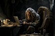 A man has a long beard and seated with a laptop