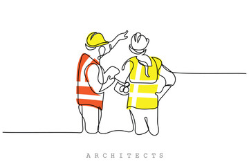 line art of architects. Building architecture business concept. Architect briefing investors businessmen and foreman. One line vector art. Isolated Architect design.Empowered woman. Engineer line art.